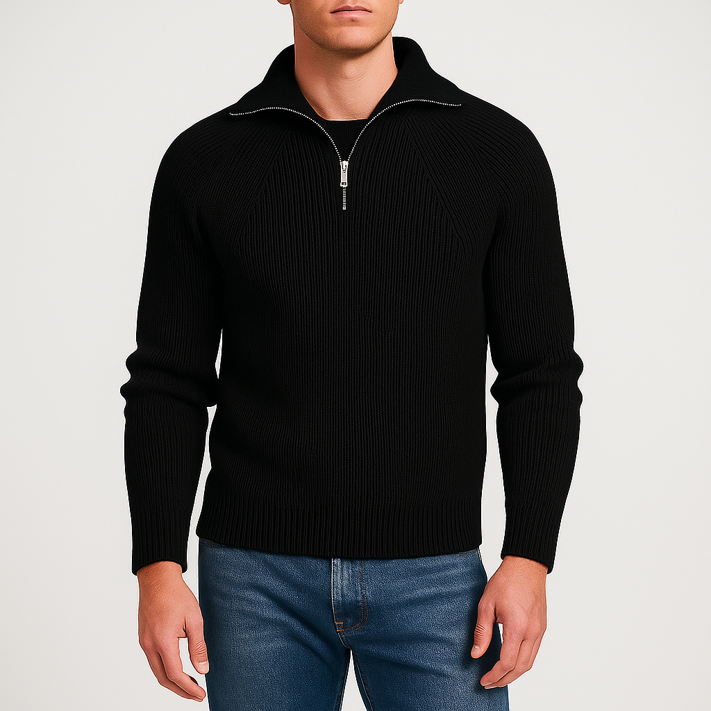 Knitted jumper with half zip and fold-down collar