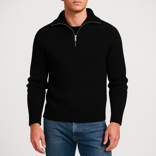 Knitted jumper with half zip and fold-down collar