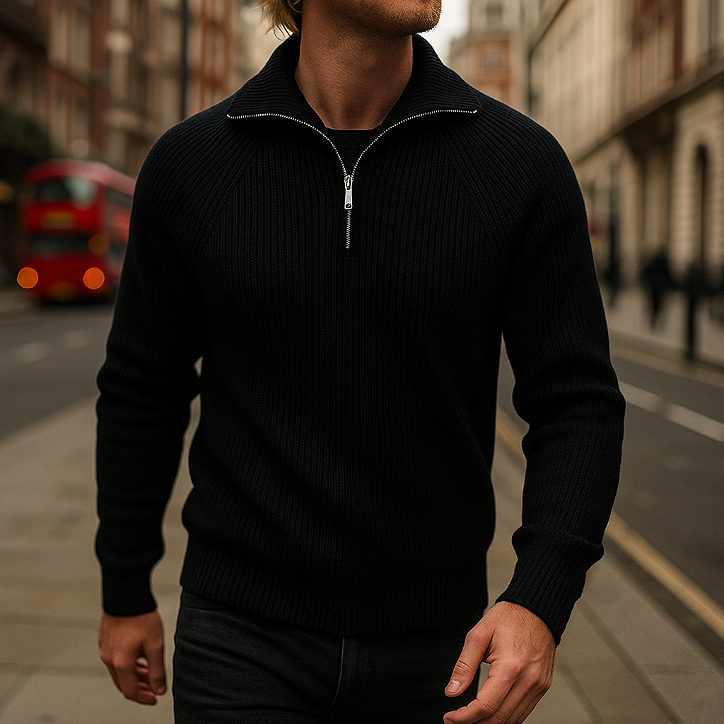 Knitted jumper with half zip and fold-down collar