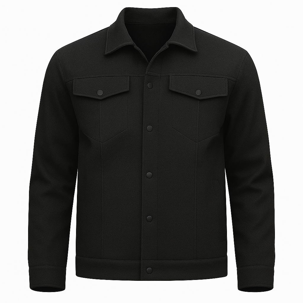 Button-up jacket with chest pockets and collar.