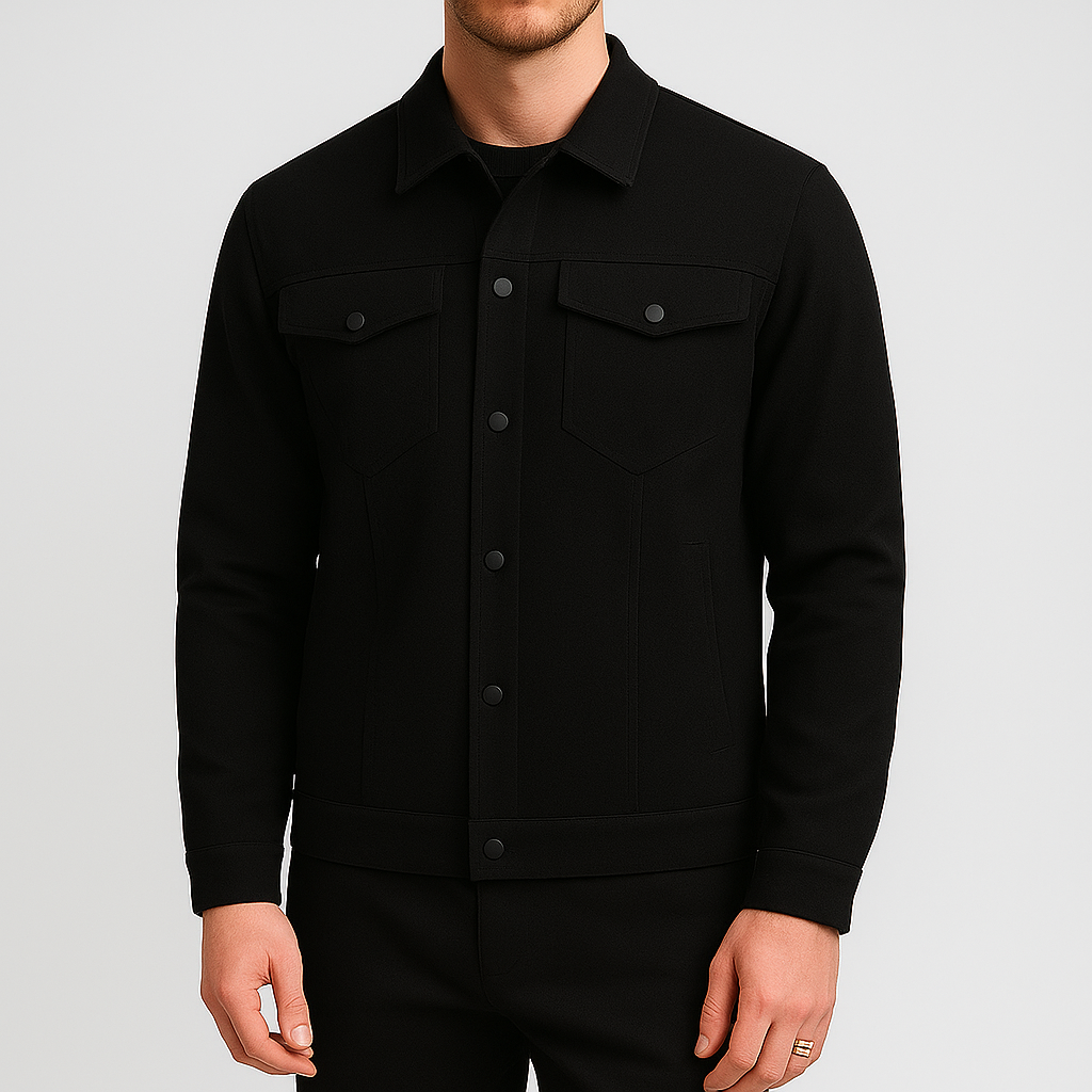 Button-up jacket with chest pockets and collar.