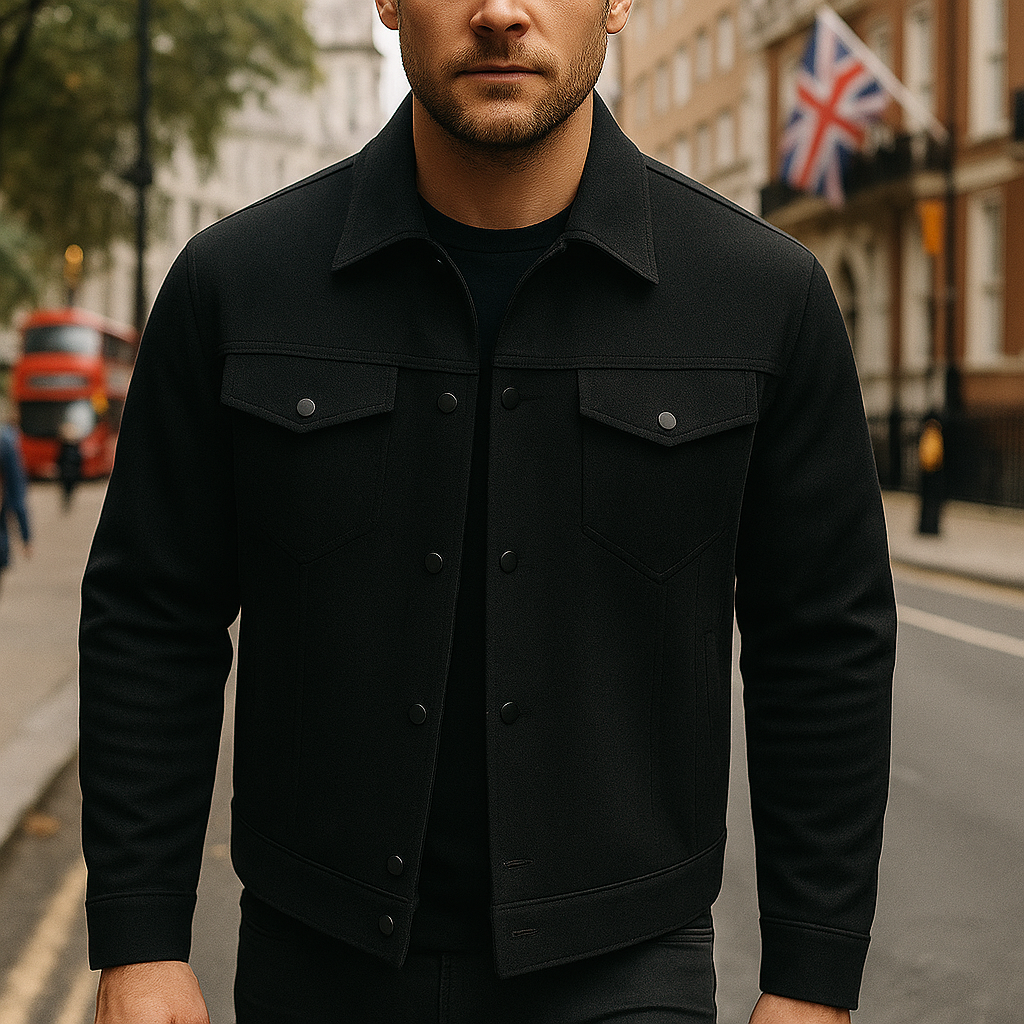 Button-up jacket with chest pockets and collar.