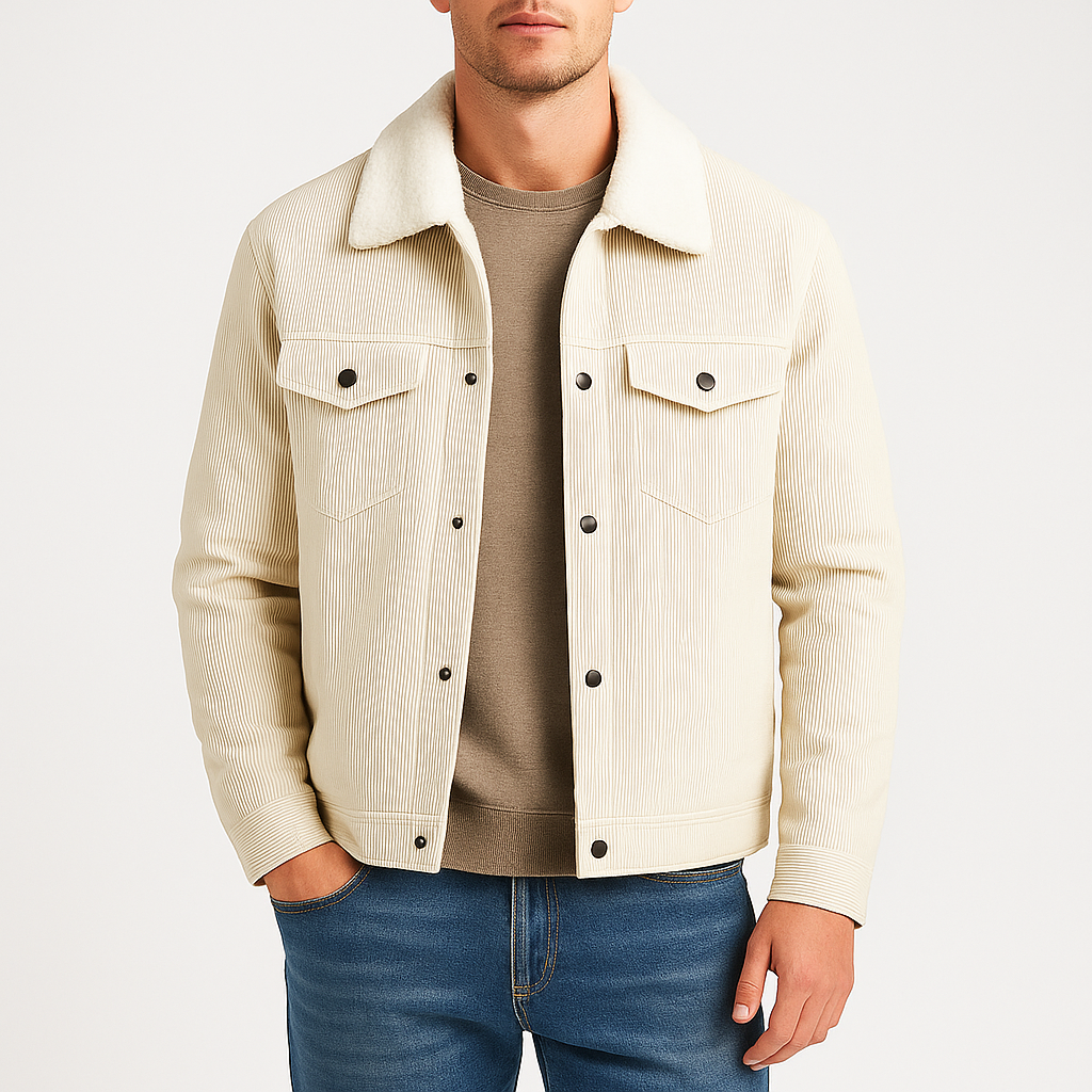 Corduroy jacket with front pockets and button fastening.