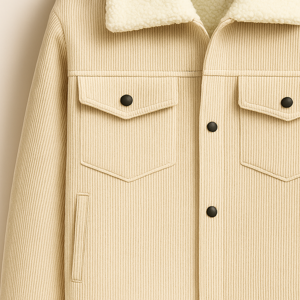 Corduroy jacket with front pockets and button fastening.