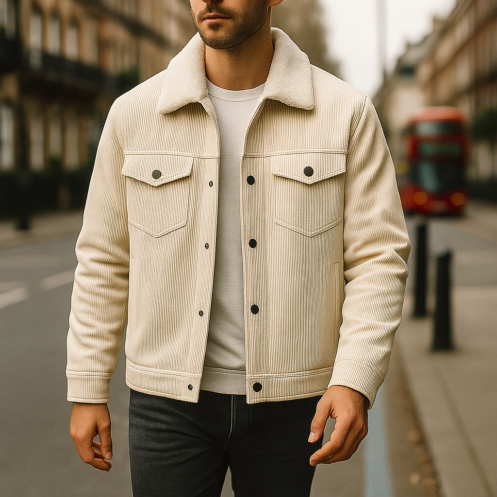 Corduroy jacket with front pockets and button fastening.