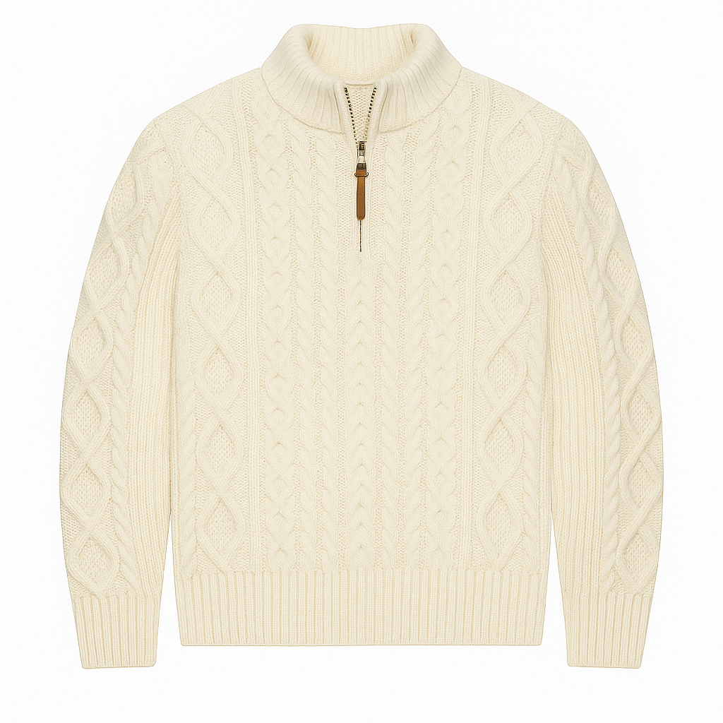 Knitted jumper with half zip and high collar.