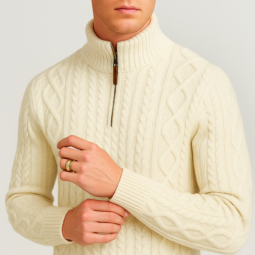 Knitted jumper with half zip and high collar.