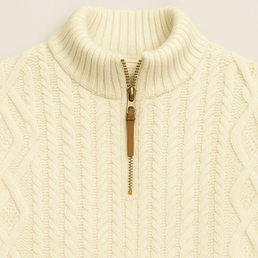 Knitted jumper with half zip and high collar.