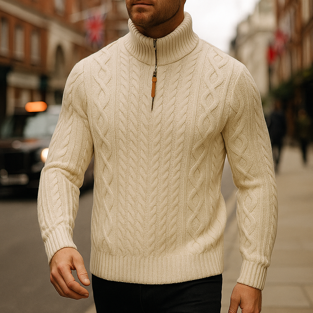 Knitted jumper with half zip and high collar.