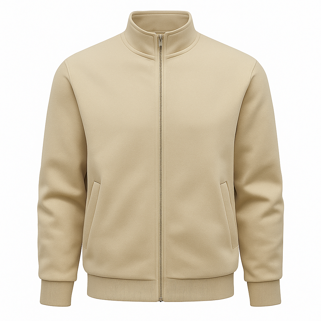 Zip-up jacket with high collar and side pockets.