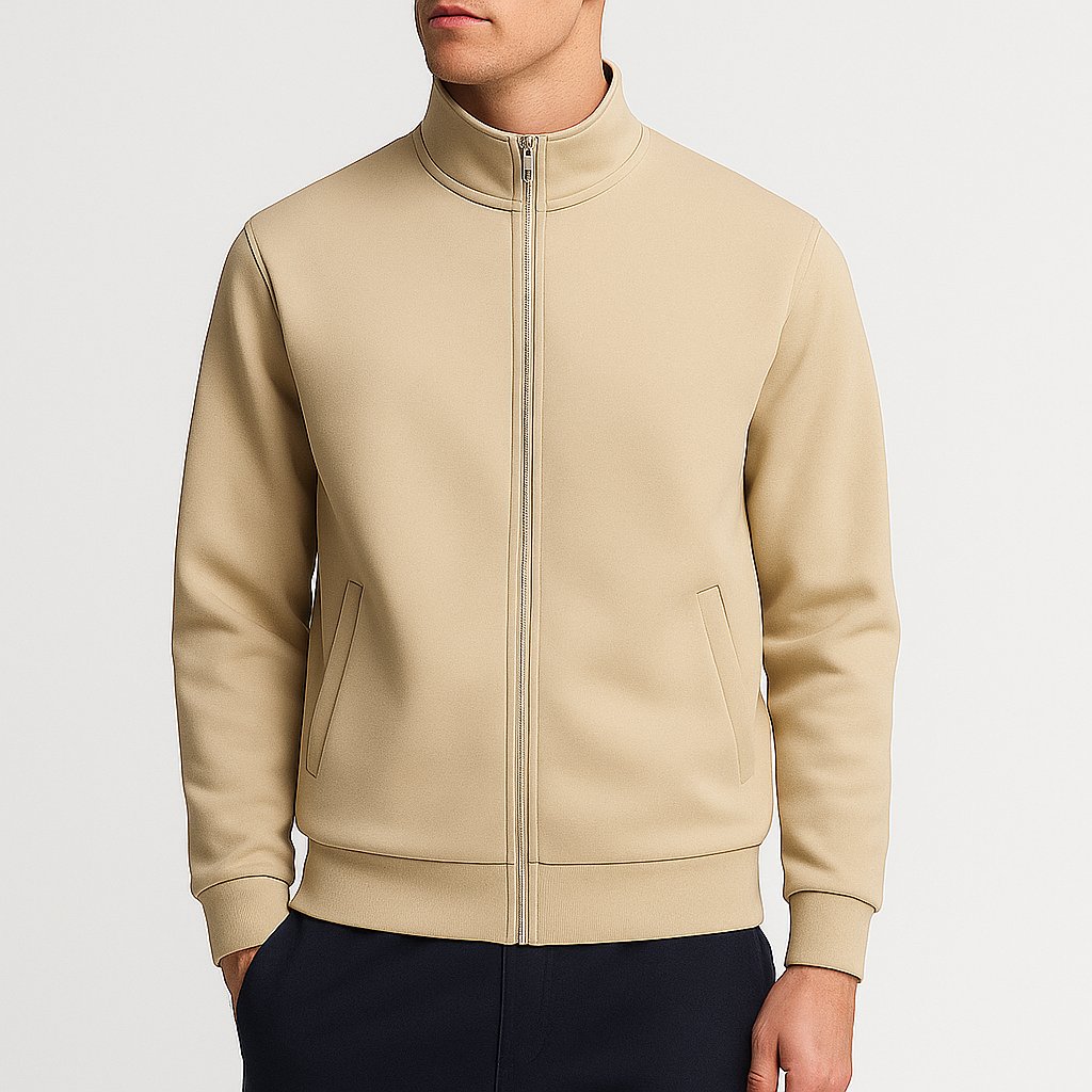 Zip-up jacket with high collar and side pockets.