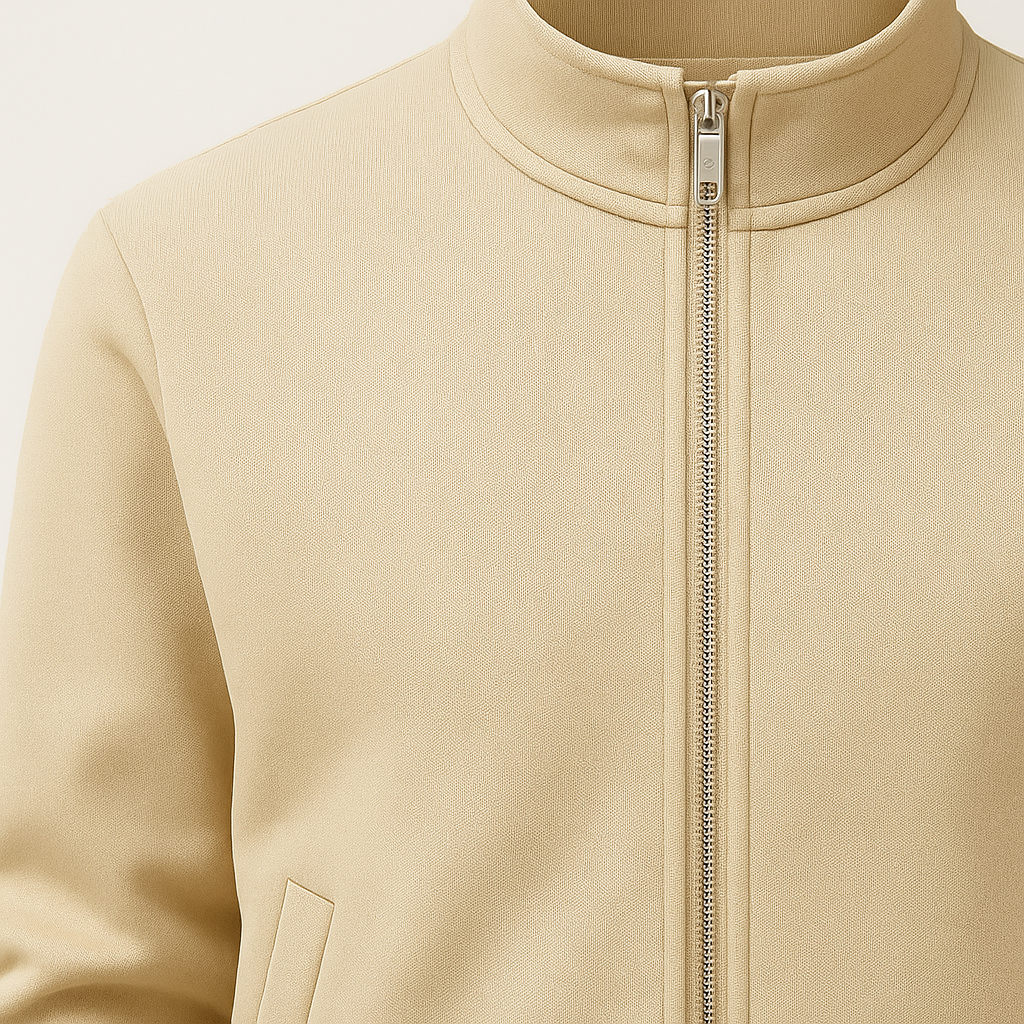 Zip-up jacket with high collar and side pockets.