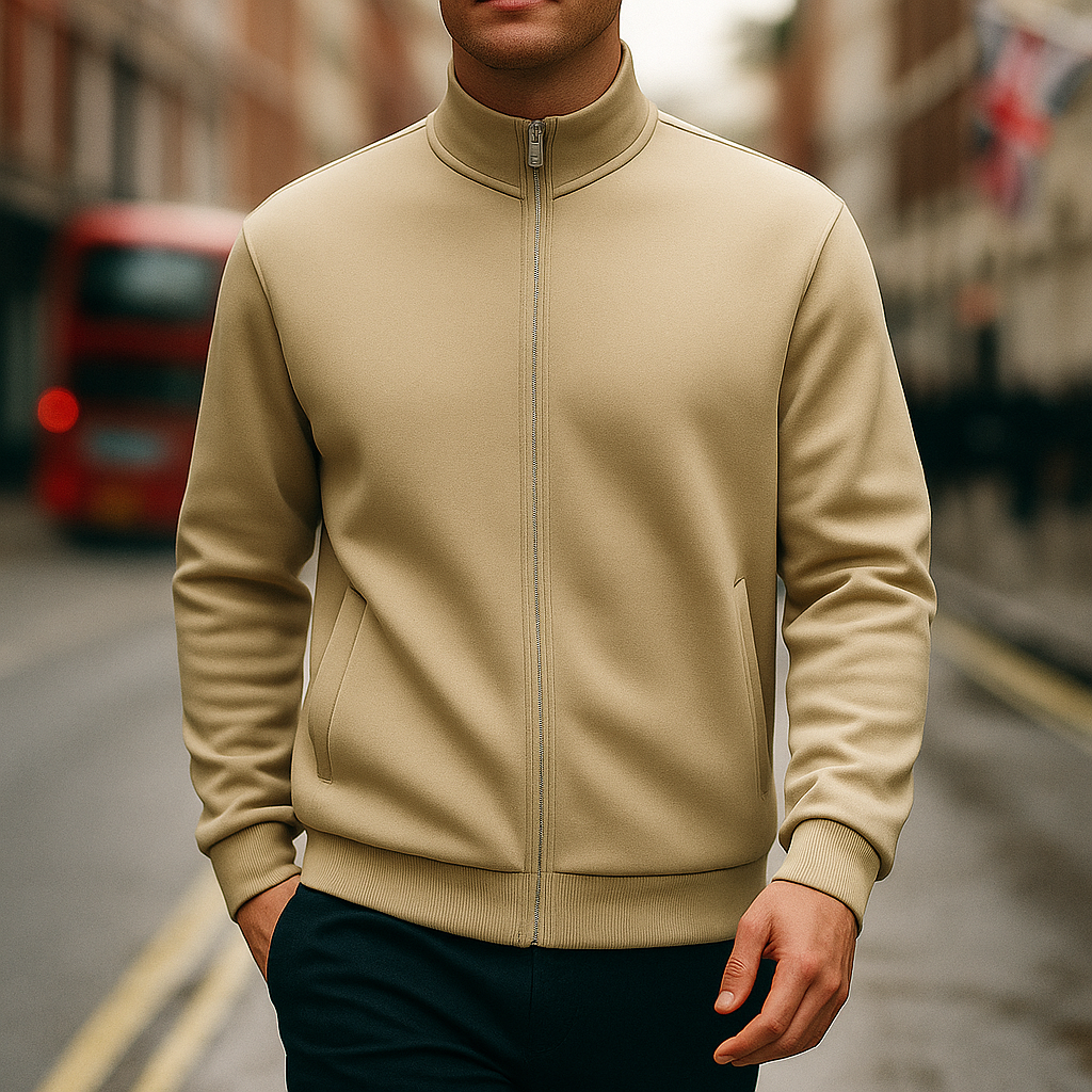 Zip-up jacket with high collar and side pockets.