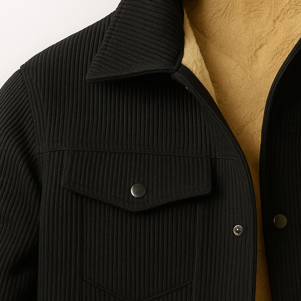 Corduroy jacket with fleece lining and button closure.