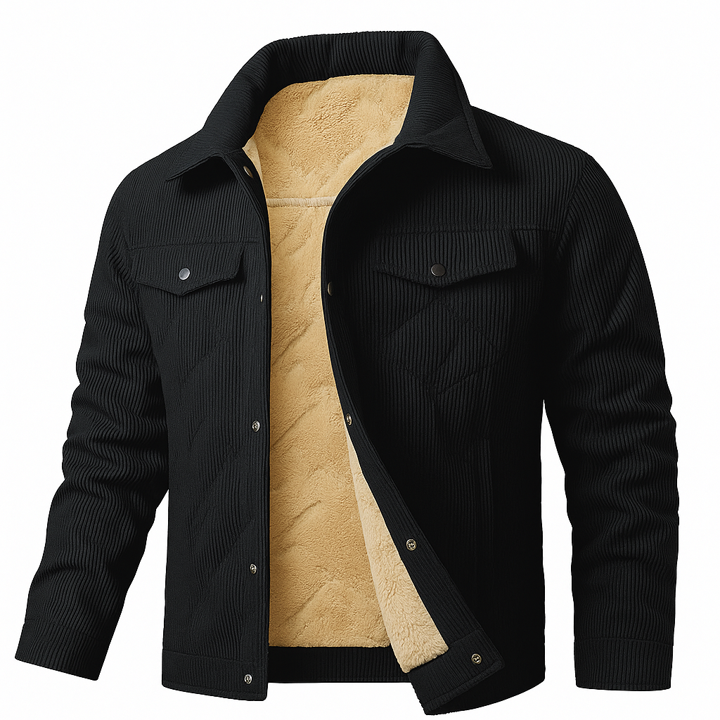 Corduroy jacket with fleece lining and button closure.