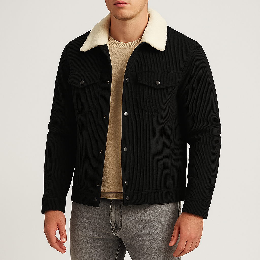 Corduroy jacket with fleece lining and button closure.