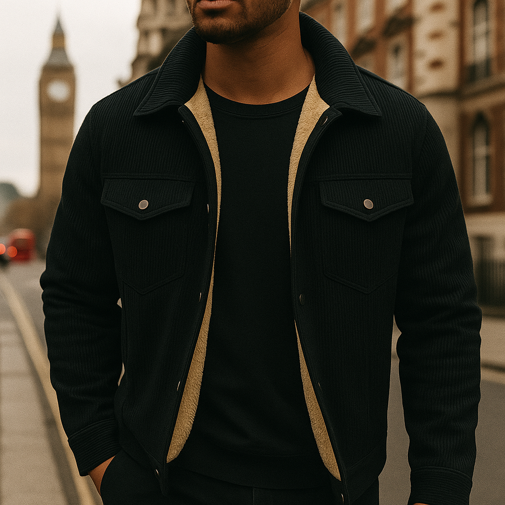 Corduroy jacket with fleece lining and button closure.