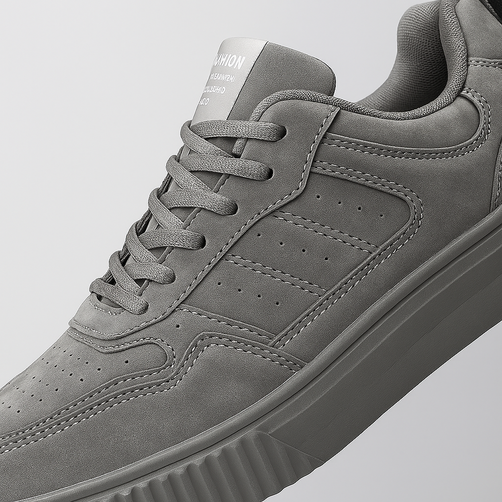 Modern low-top sneaker with a thick textured sole, cushioned collar, and stitched panel design.