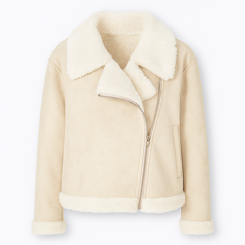 Faux shearling jacket with wide lapel collar, asymmetrical zipper, and soft fleece lining.