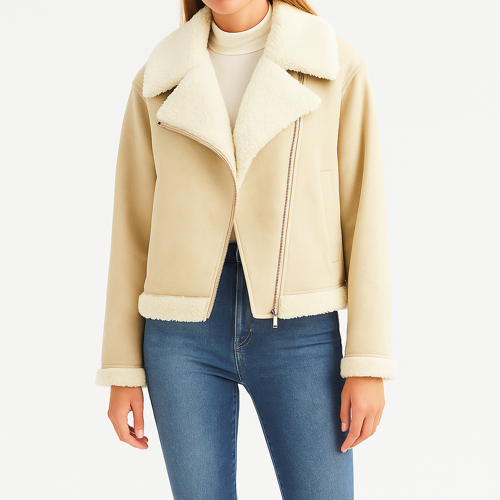Faux shearling jacket with wide lapel collar, asymmetrical zipper, and soft fleece lining.