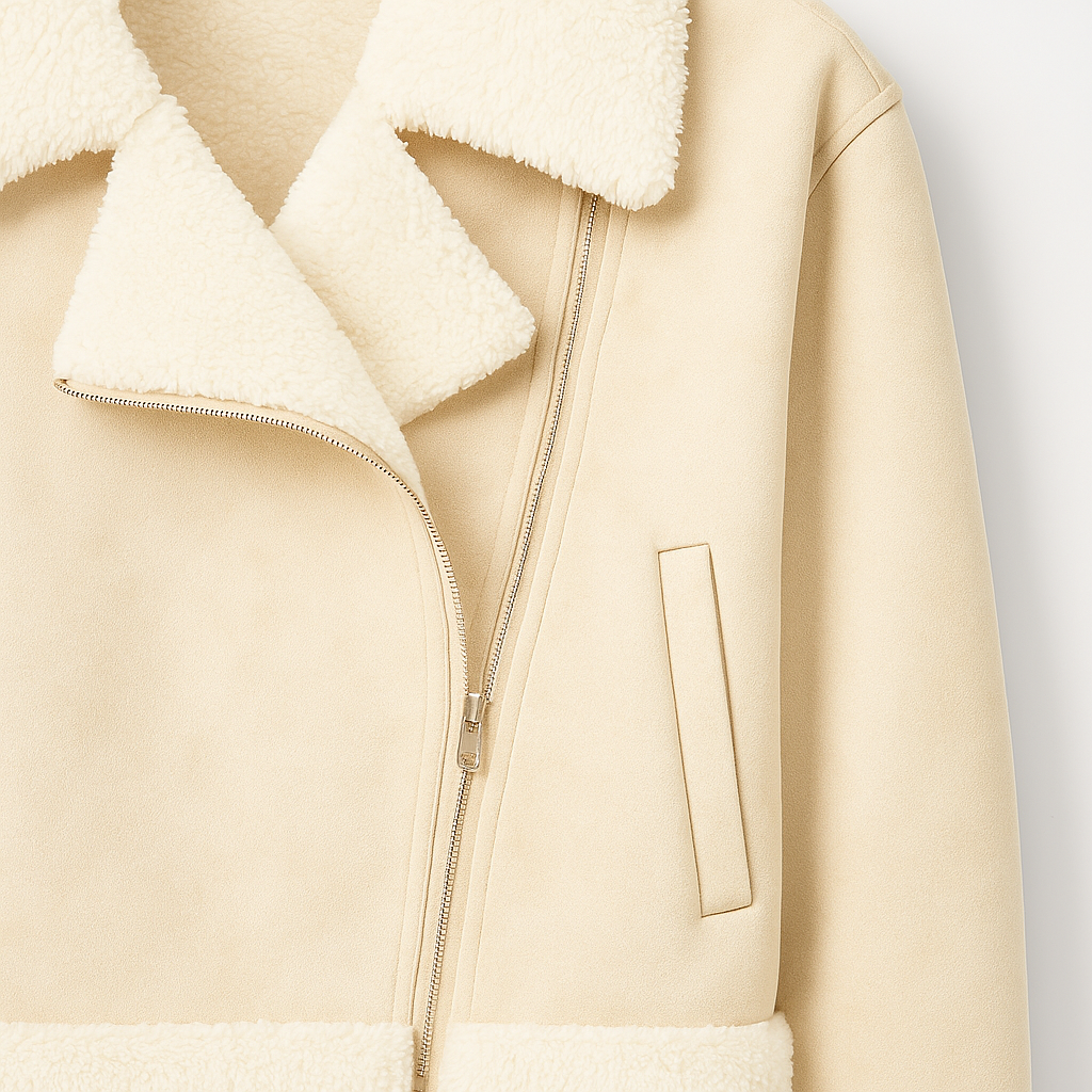 Faux shearling jacket with wide lapel collar, asymmetrical zipper, and soft fleece lining.