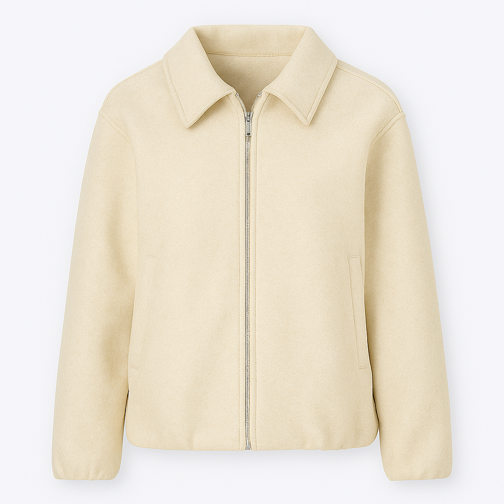 Zip-up jacket with classic collar, long sleeves, and side welt pockets.