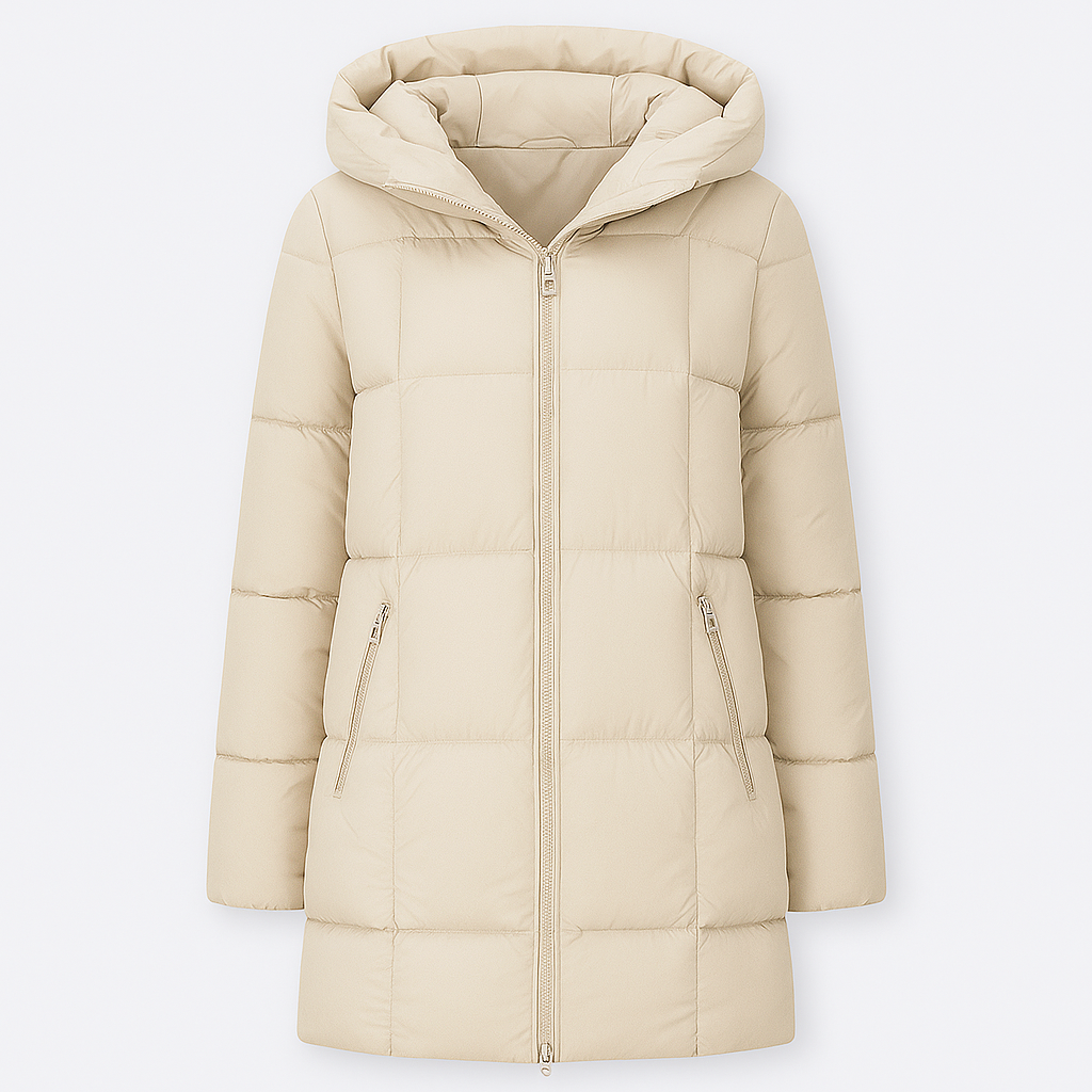 Long puffer coat with hood, front zipper closure, and zippered side pockets.