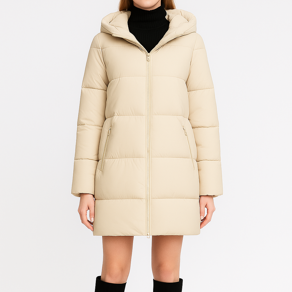 Long puffer coat with hood, front zipper closure, and zippered side pockets.