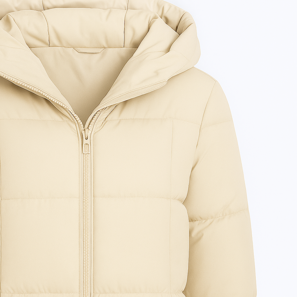 Long puffer coat with hood, front zipper closure, and zippered side pockets.