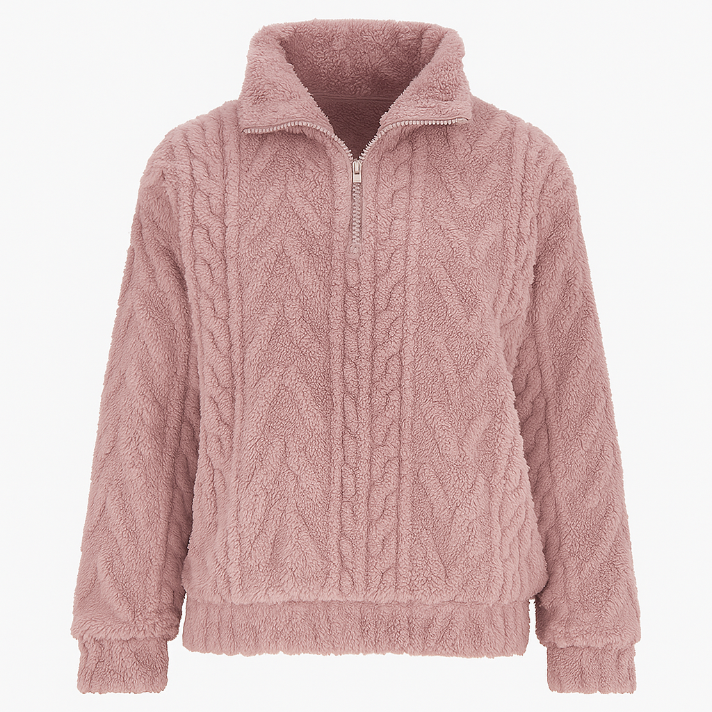 Fleece pullover with half-zip closure, high collar, and cable-knit textured pattern.