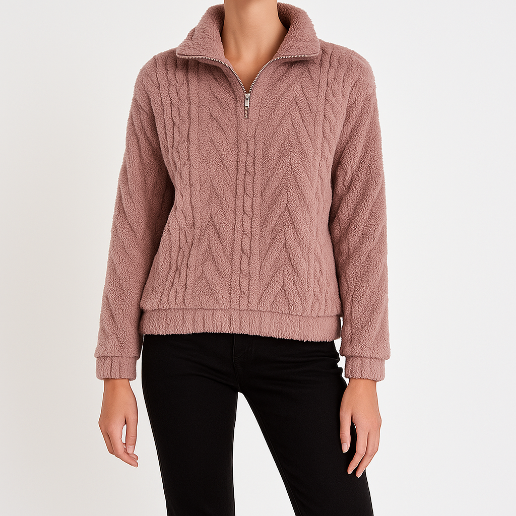 Fleece pullover with half-zip closure, high collar, and cable-knit textured pattern.