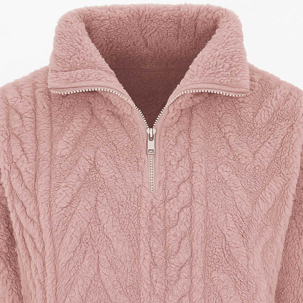 Fleece pullover with half-zip closure, high collar, and cable-knit textured pattern.