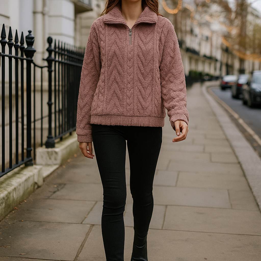 Fleece pullover with half-zip closure, high collar, and cable-knit textured pattern.