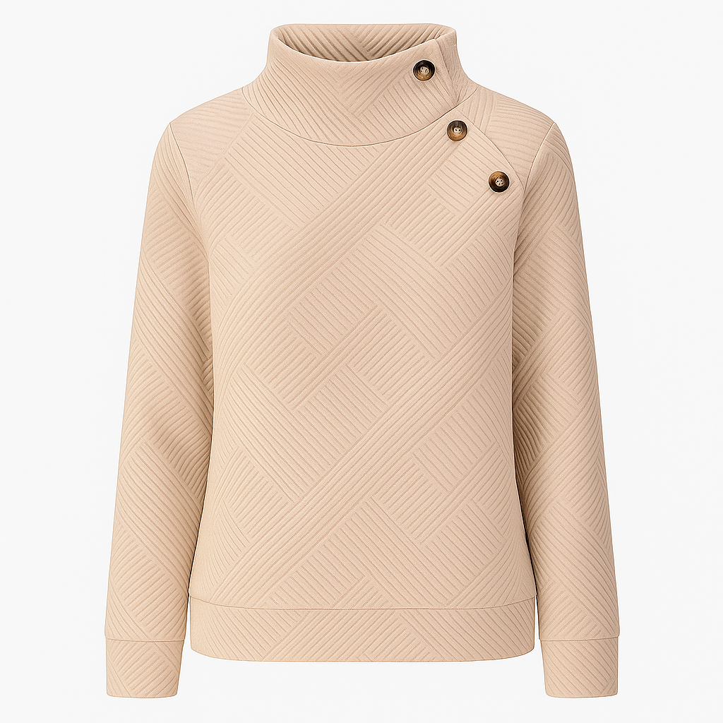 Textured pullover with high buttoned collar and quilted geometric pattern.