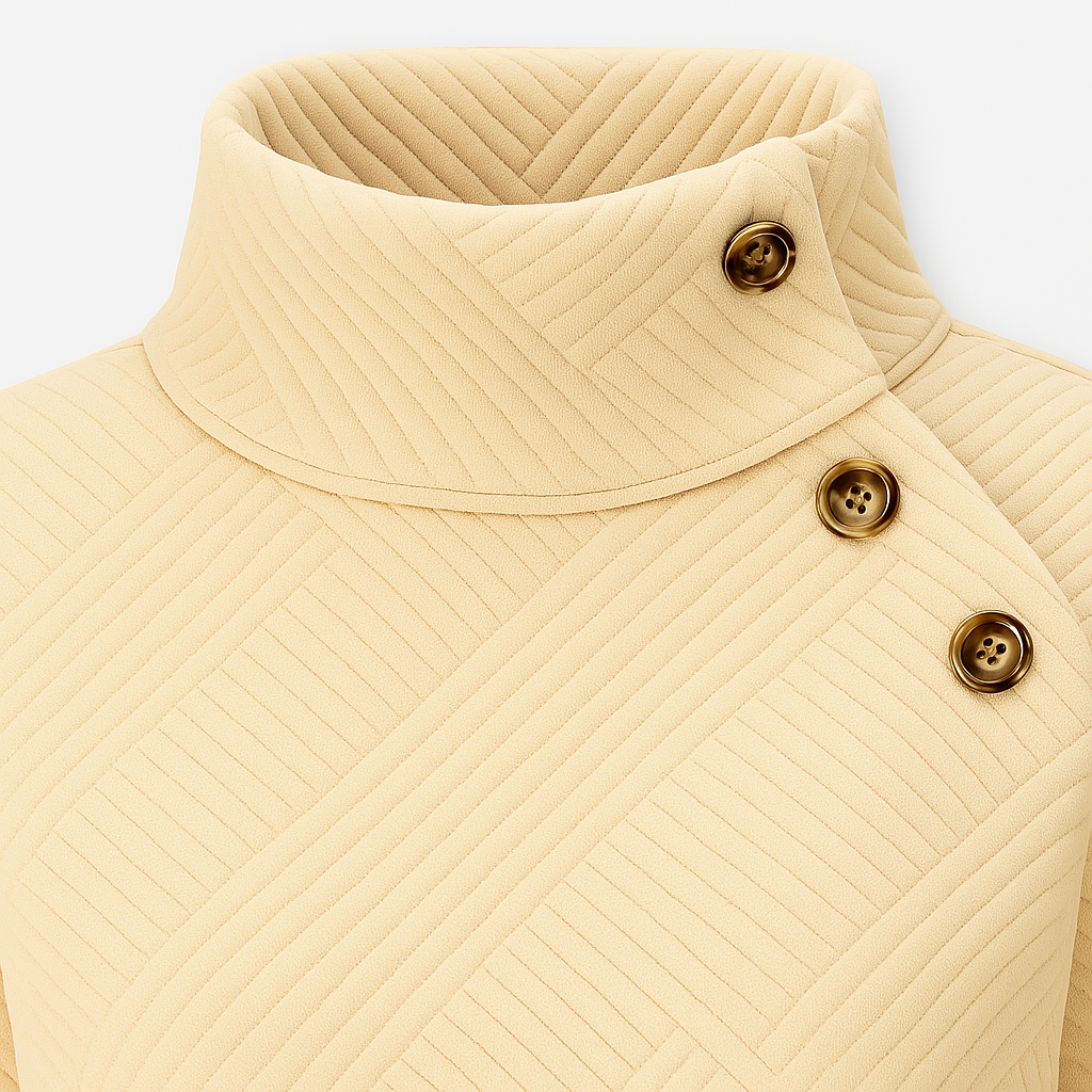 Textured pullover with high buttoned collar and quilted geometric pattern.