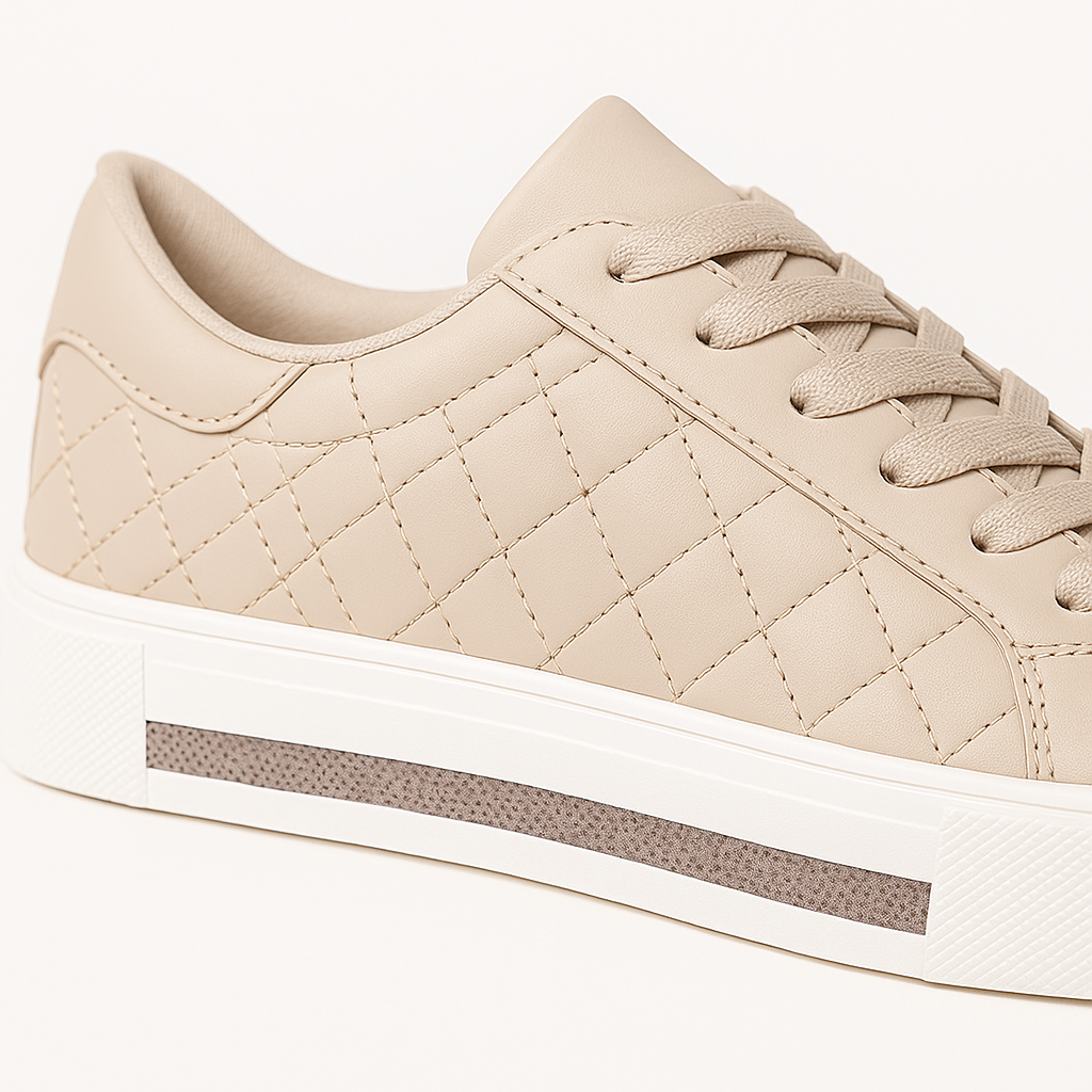 Low-top sneaker with quilted side panels, lace-up closure, and thick rubber sole.