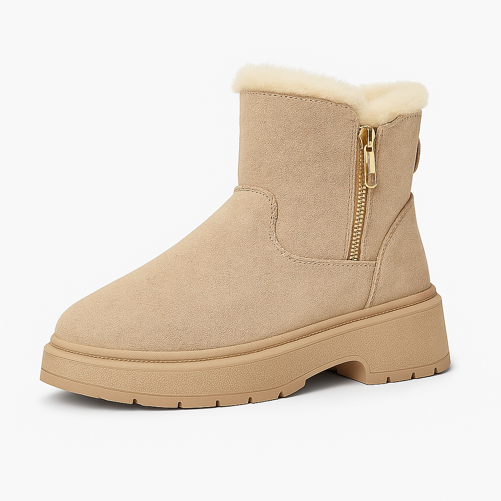 Ankle boot with faux fur lining, side zipper closure, and chunky sole.