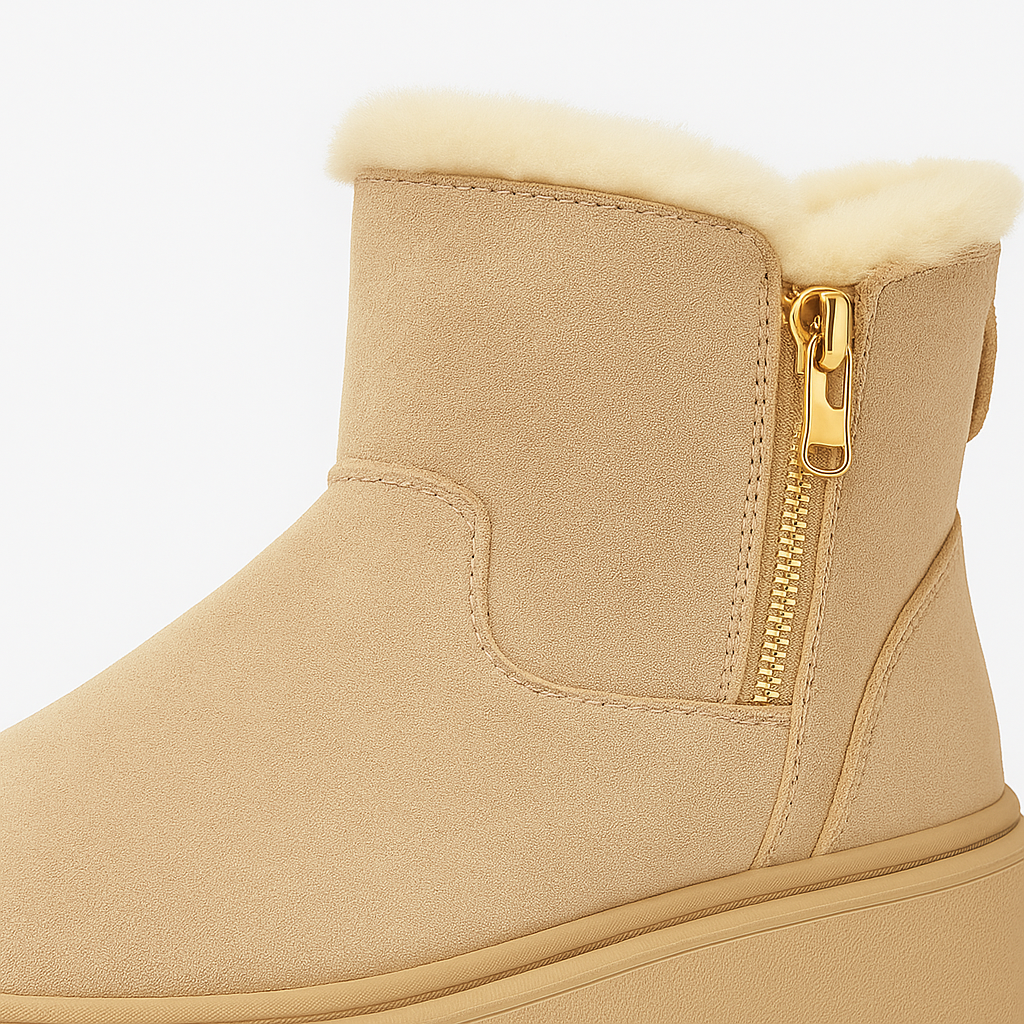 Ankle boot with faux fur lining, side zipper closure, and chunky sole.