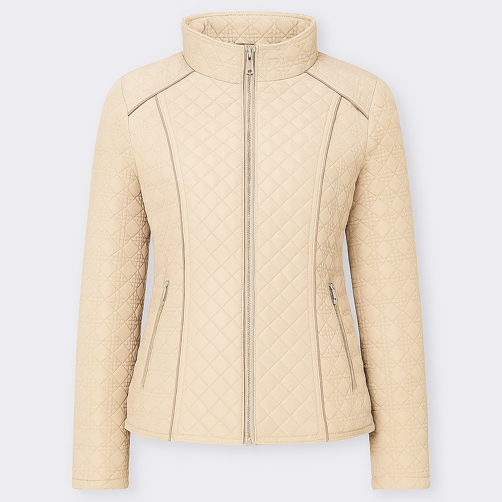 Quilted jacket with front zipper closure, high collar, and zippered side pockets.