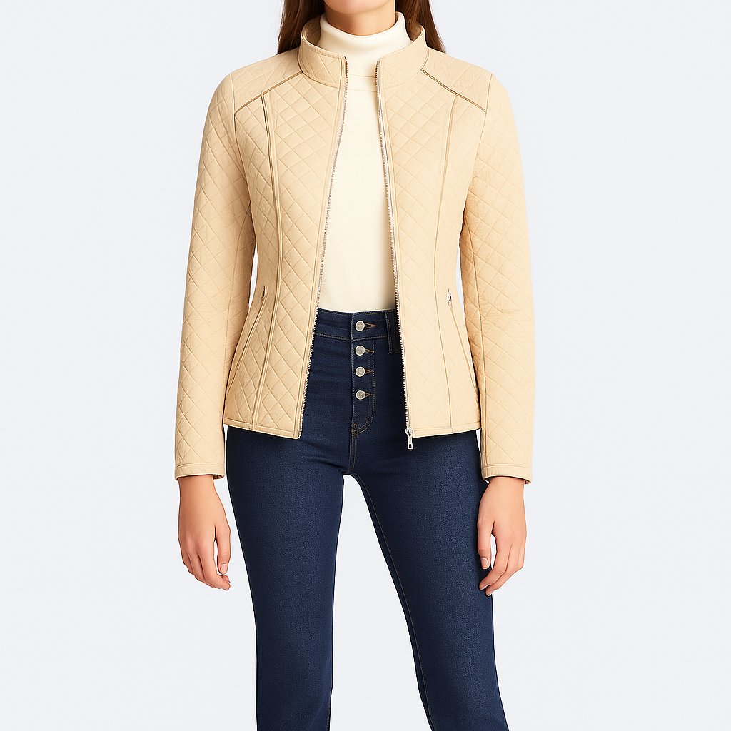 Quilted jacket with front zipper closure, high collar, and zippered side pockets.