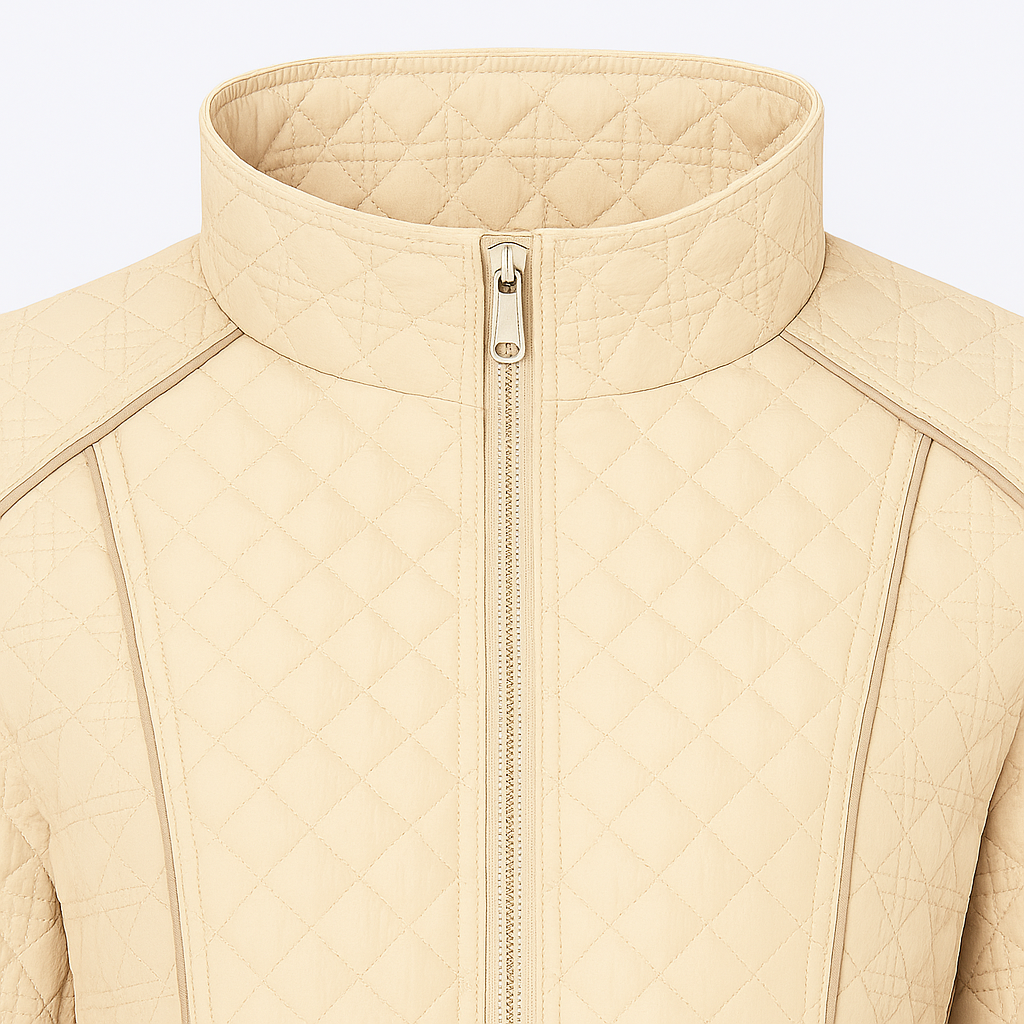 Quilted jacket with front zipper closure, high collar, and zippered side pockets.