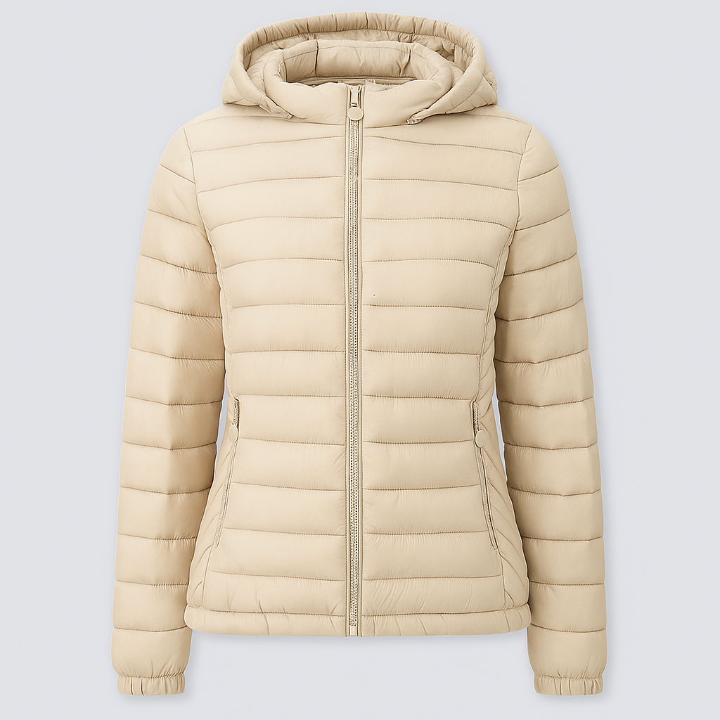 Puffer jacket with horizontal quilting, front zipper closure, hood, and side pockets.