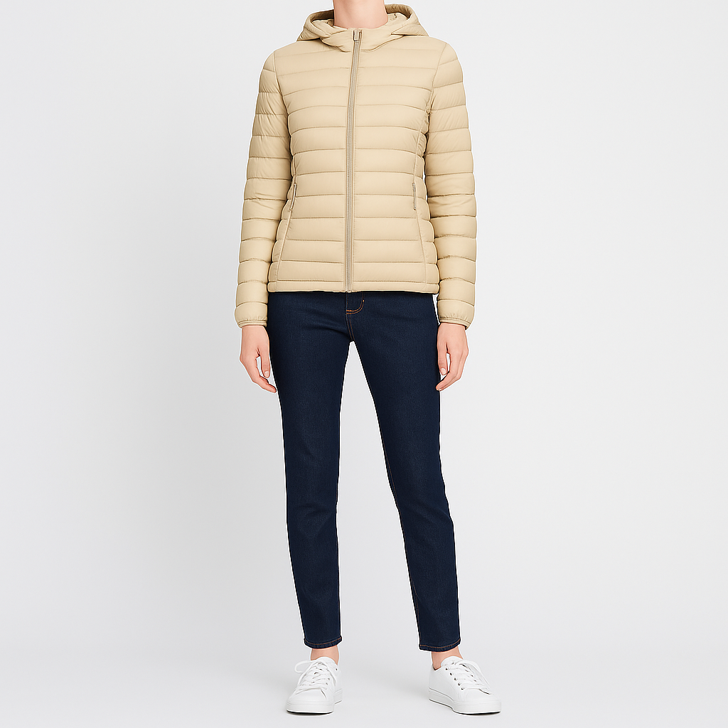 Puffer jacket with horizontal quilting, front zipper closure, hood, and side pockets.