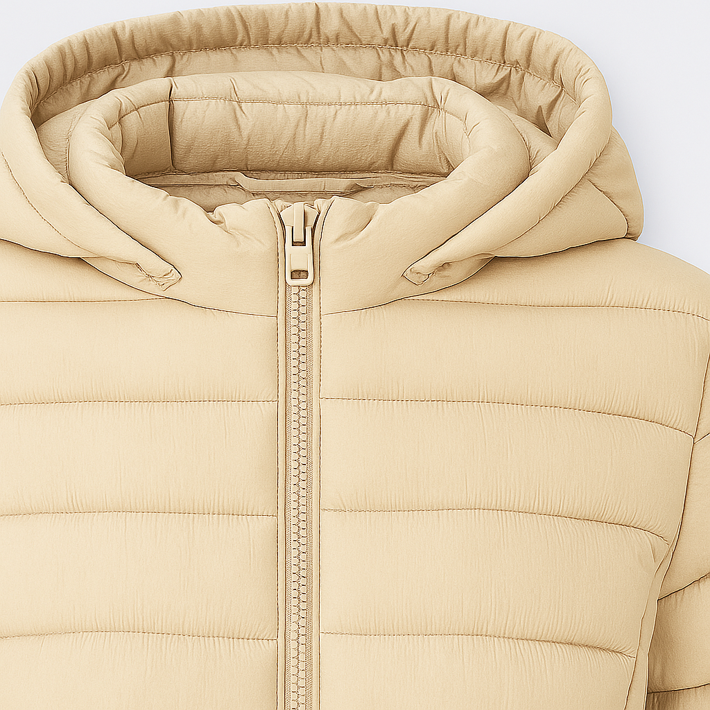 Puffer jacket with horizontal quilting, front zipper closure, hood, and side pockets.