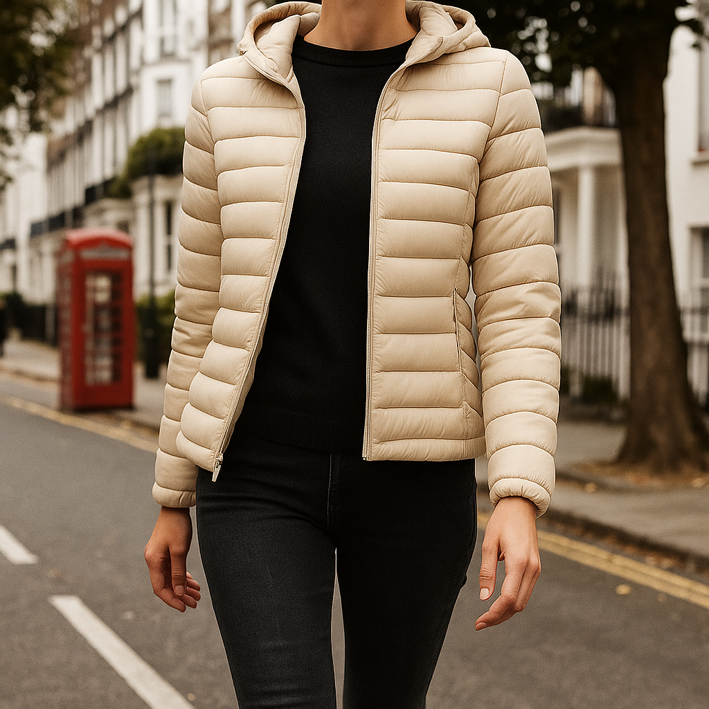 Puffer jacket with horizontal quilting, front zipper closure, hood, and side pockets.