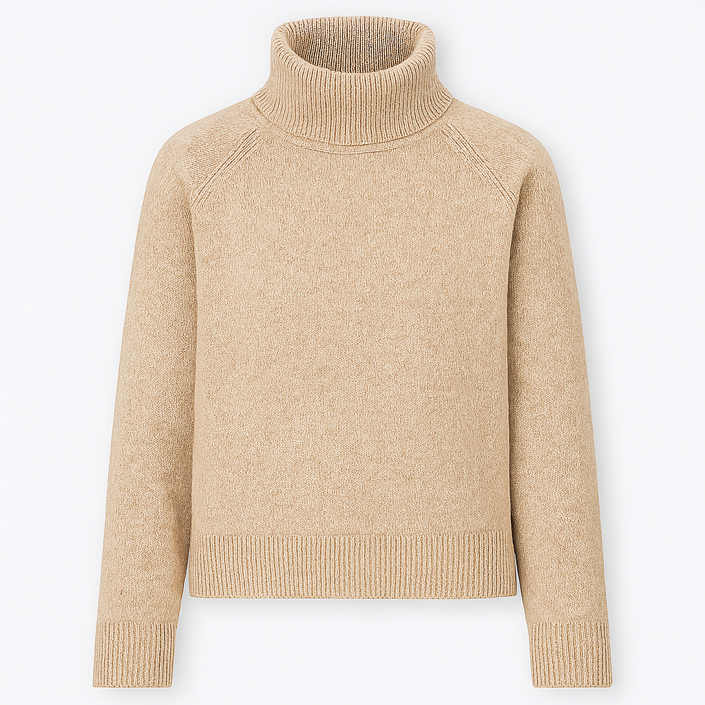 Knitted turtleneck sweater with long sleeves and ribbed cuffs and hem.