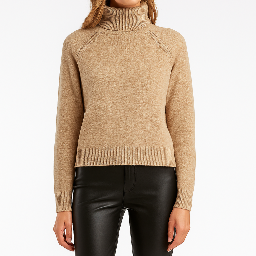 Knitted turtleneck sweater with long sleeves and ribbed cuffs and hem.