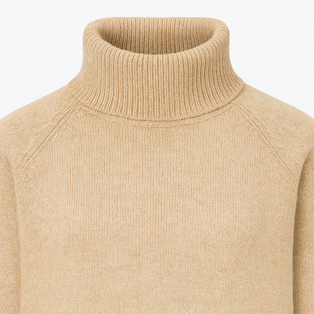 Knitted turtleneck sweater with long sleeves and ribbed cuffs and hem.