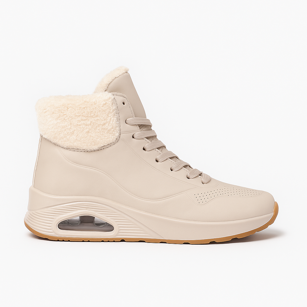 High-top sneaker with faux fur lining, lace-up front, and cushioned air sole.