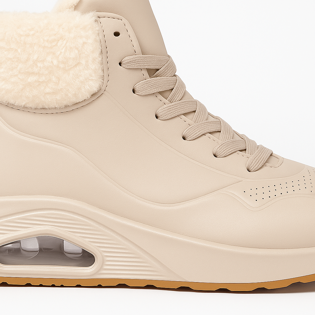 High-top sneaker with faux fur lining, lace-up front, and cushioned air sole.